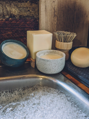 Solid Dish Soap | Rosemary, Lemongrass + Sweet Orange Dish Soap in Handmade Stoneware Pottery